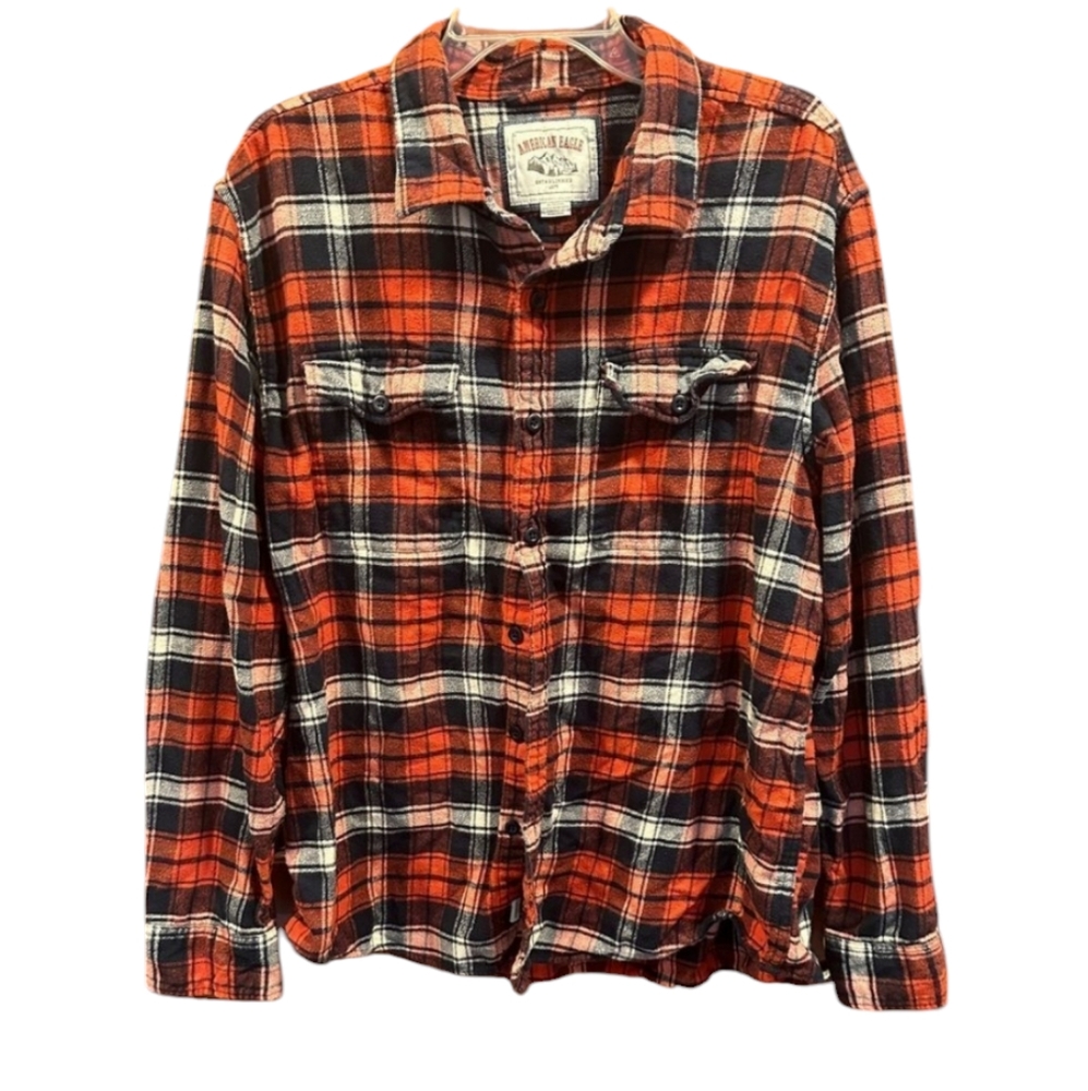 American Eagle Long sleeve button up flannel red white and blue.   Size XL